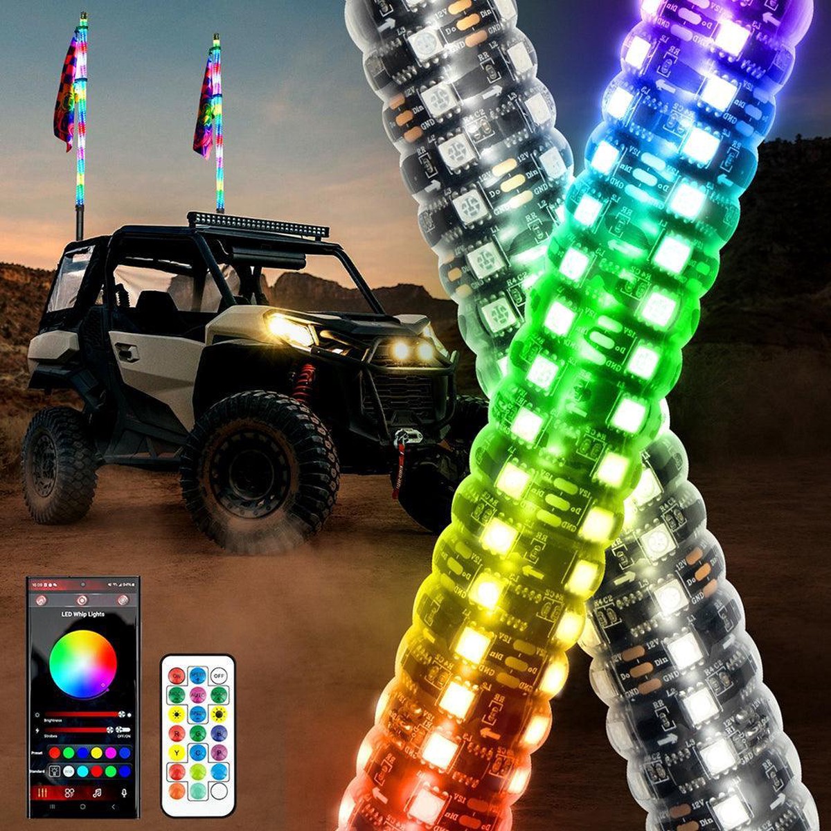 New 38Ft Led Rgb Whip Lights With Turn Signal Brake Light Bluetooth App Remote Control WithoutMountingBrackets