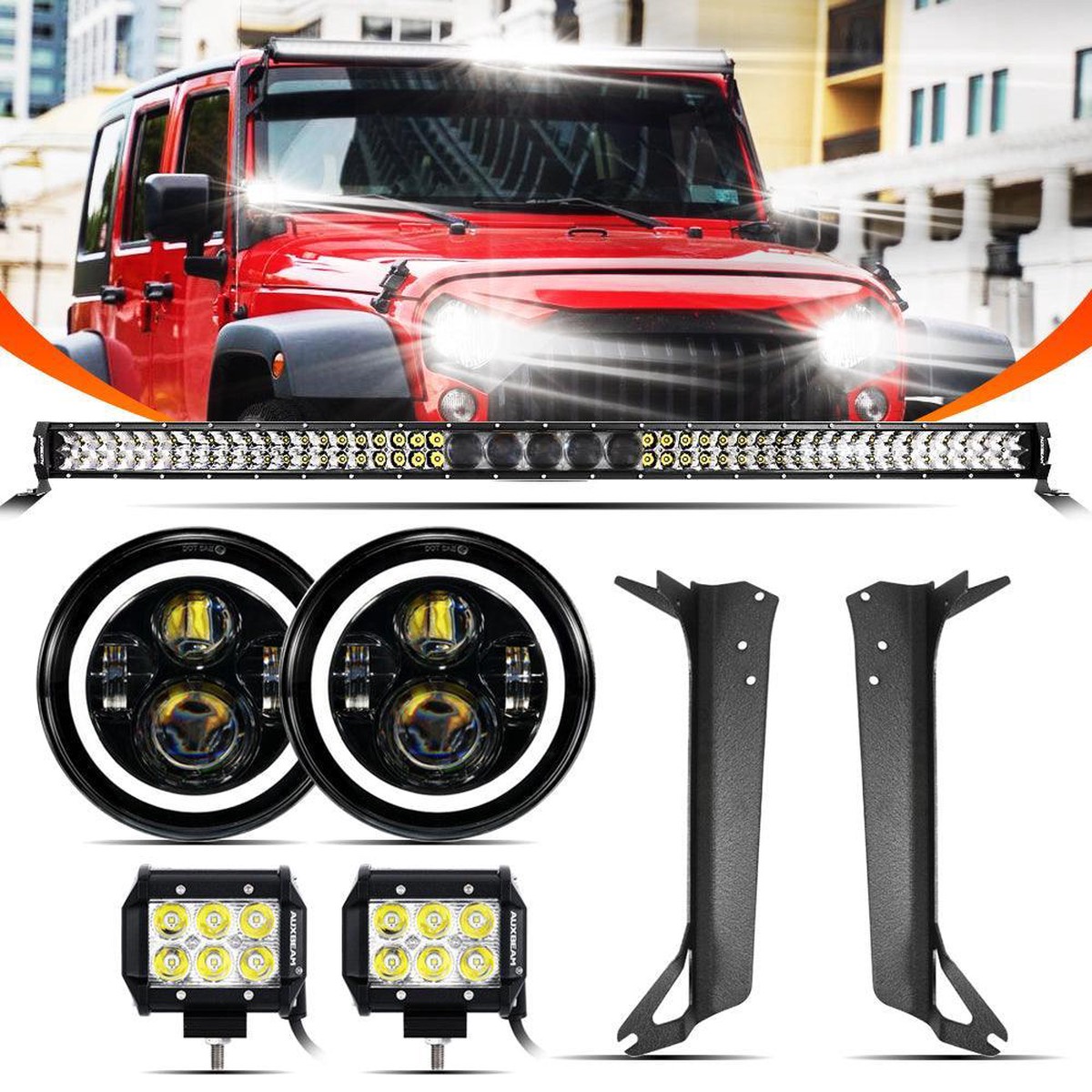 7 Led Halo Headlights5D-Pro 52 Straight Led Light BarWindshield Mounting Brackets 18W Pod Lights Set For Jeep Wrangler Tj