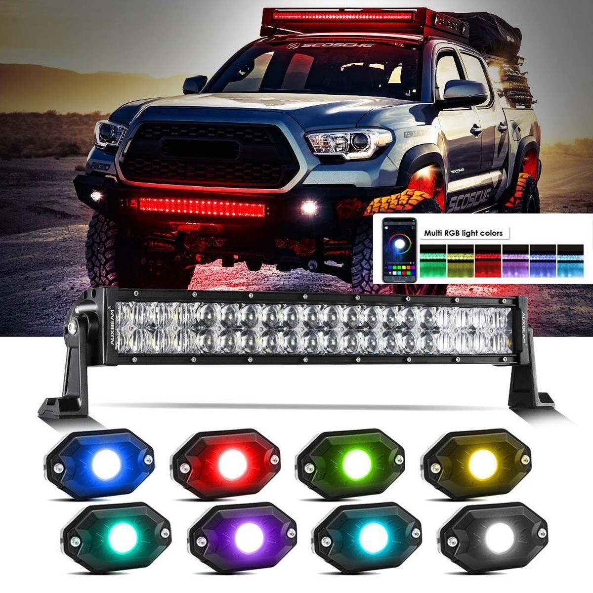 New 22 Inch V-Pro Series Straight Rgbw Color Changing Off Road Led Light Bar Rgb Led Rock Light Set Combo