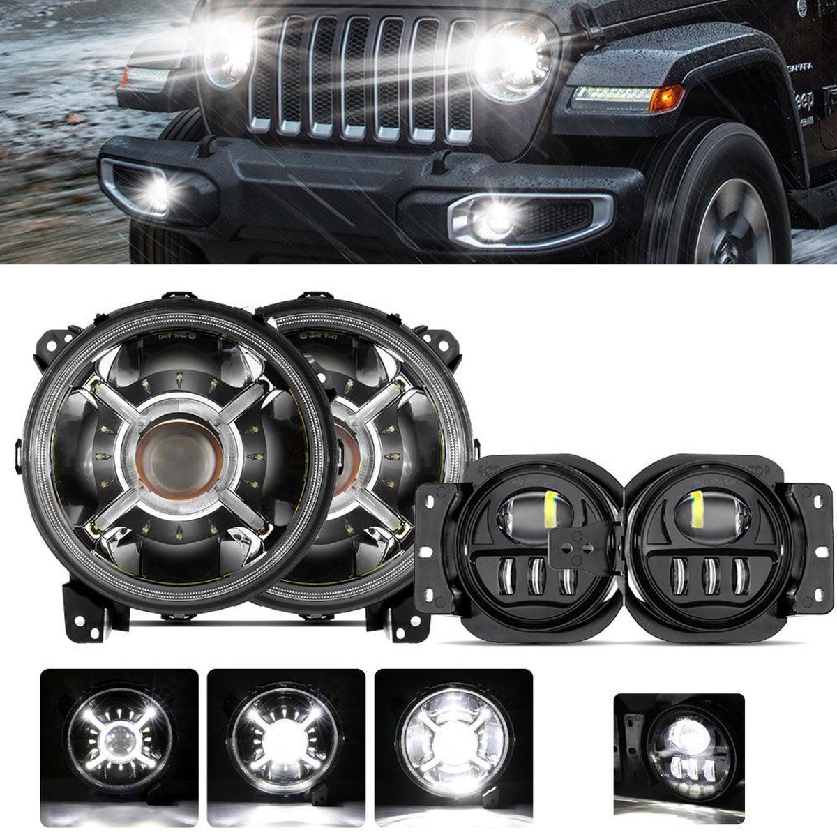 9 Round 100W Led Headlights With Drl 4 Inch 30W Led Fog Lights With Adapter Ring For Jeep Wrangler Jl 2018-2019