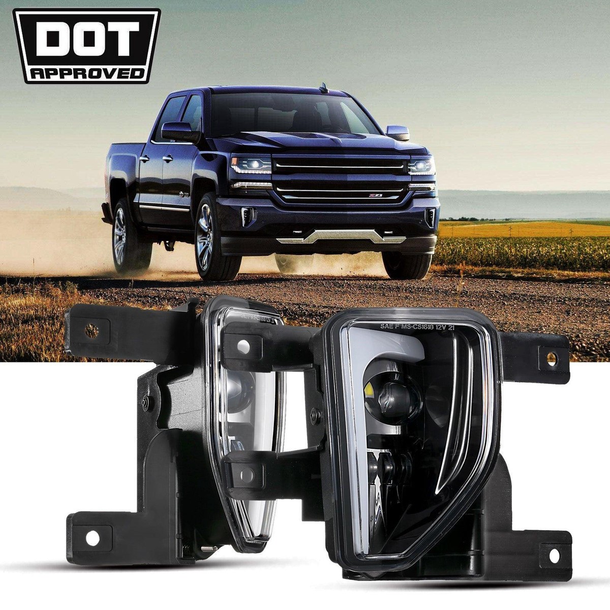 (2PcsSet) 45W Dot Approved Led Fog Lights With Drl For 2016-2018 Chevy Silverado 1500 (BlackChrome) Black