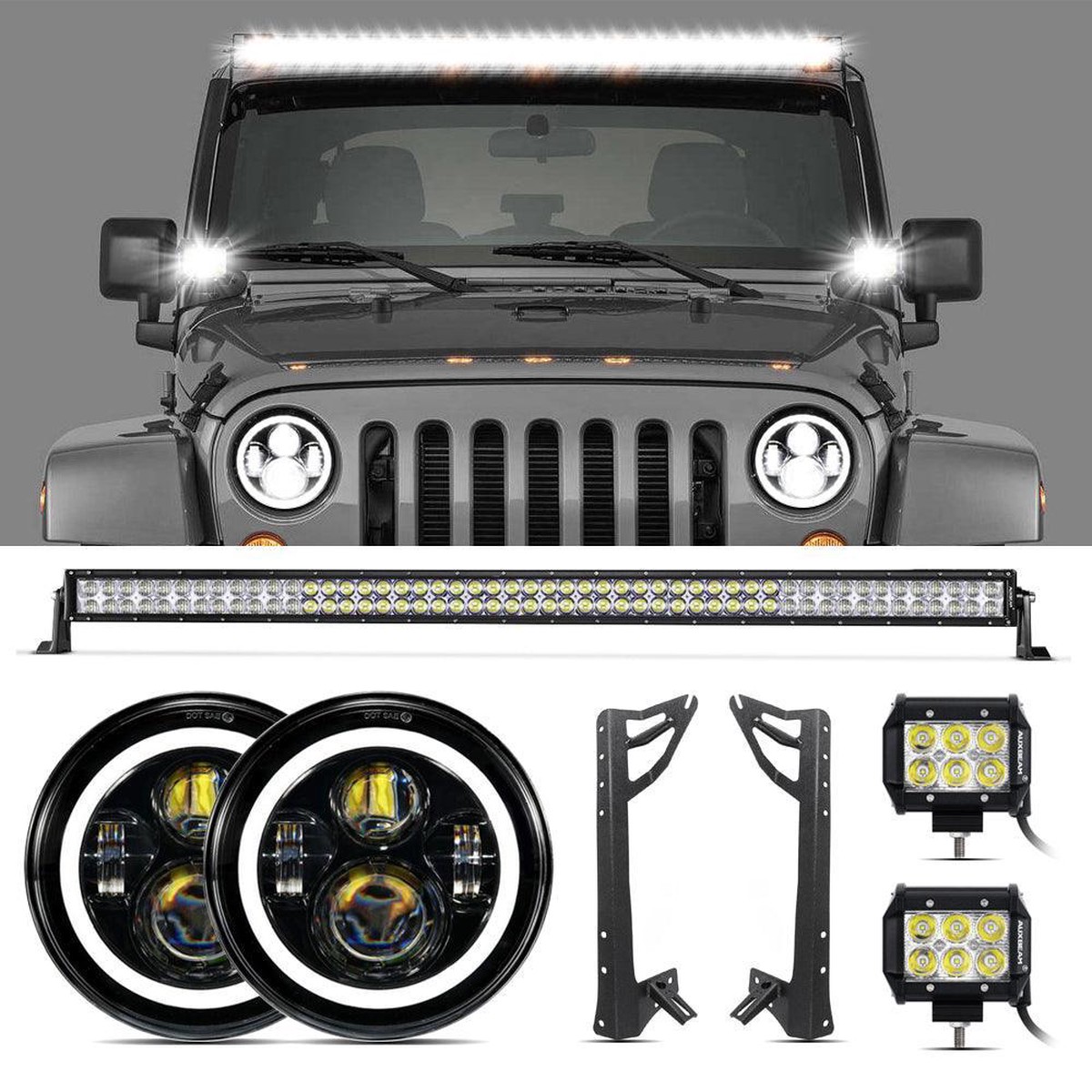 07-17 Jeep Jk - Mega Bundle 7 Led Halo Headlights52 300W Straight Led Light BarWindshield Mounting Brackets 18W Pods Light