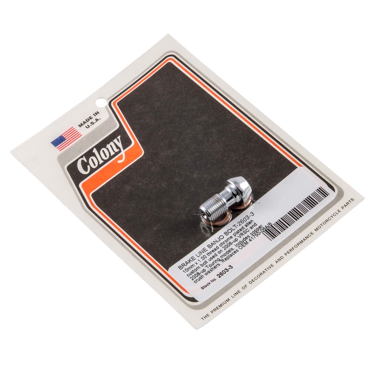 2603-3 Custom Brake Line Banjo Bolt 10mm x 100 2008-Up Harley-Davidson Touring 2006-Up VRSC - Chrome Plated