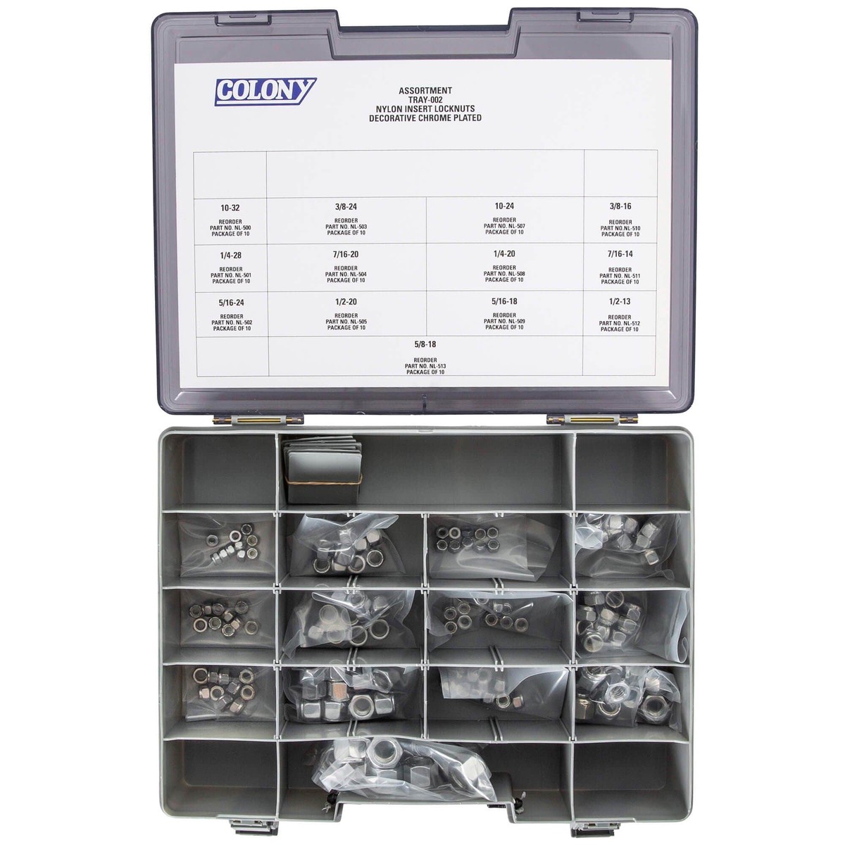 002 Nylon Insert Locknut Assortment Tray - 130 Piece - Chrome Plated