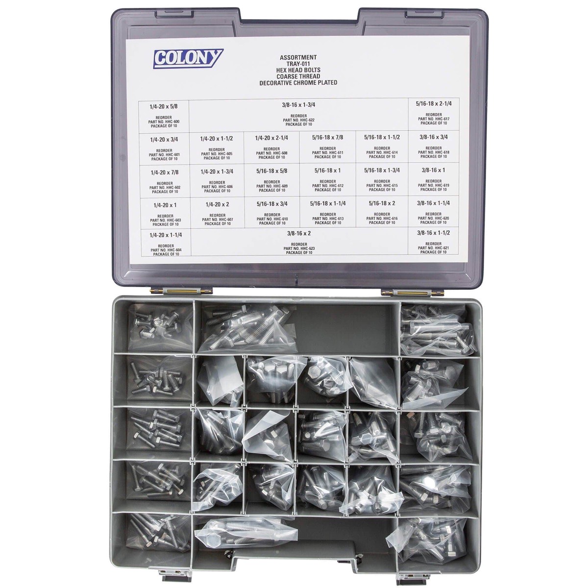 011 Hex Head Bolts Assortment - Coarse Thread - 240 Piece - Chrome Plated
