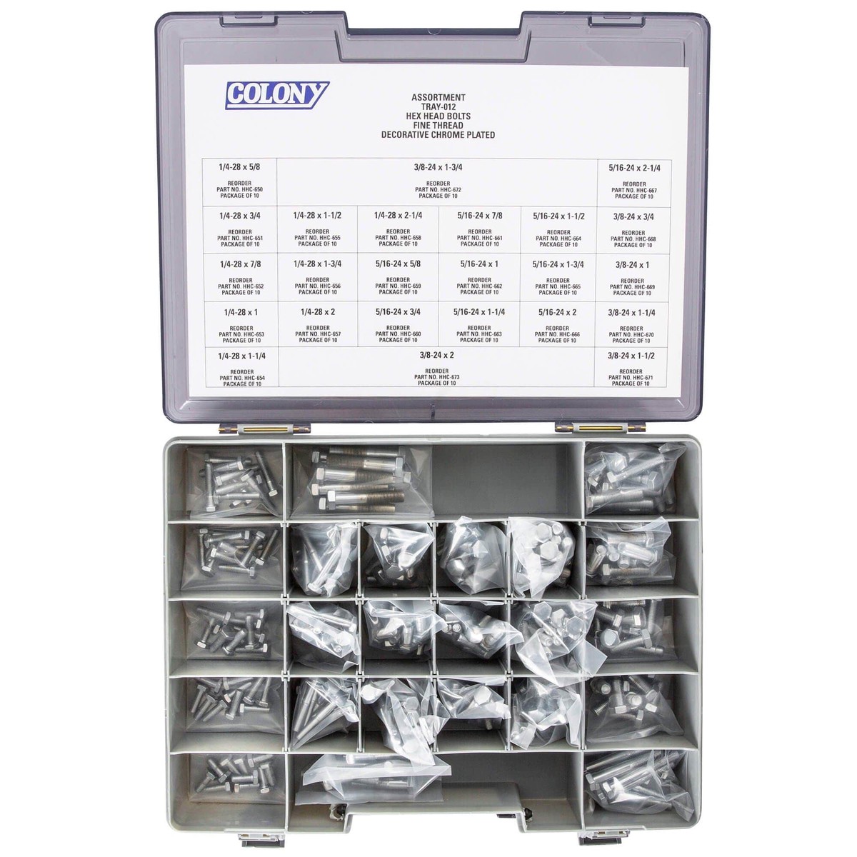 012 Hex Head Bolts Assortment - Fine Thread - 240 Piece - Chrome Plated