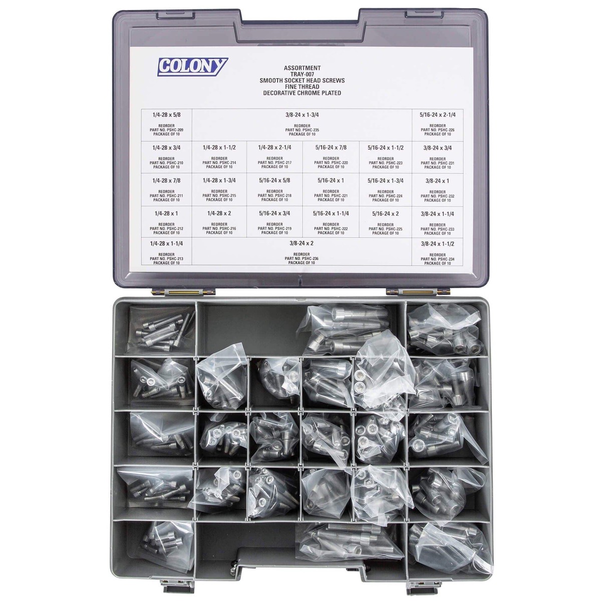 007 Smooth Head Socket Head Screw Assortment - Fine Thread - 240 Piece - Chrome Plated