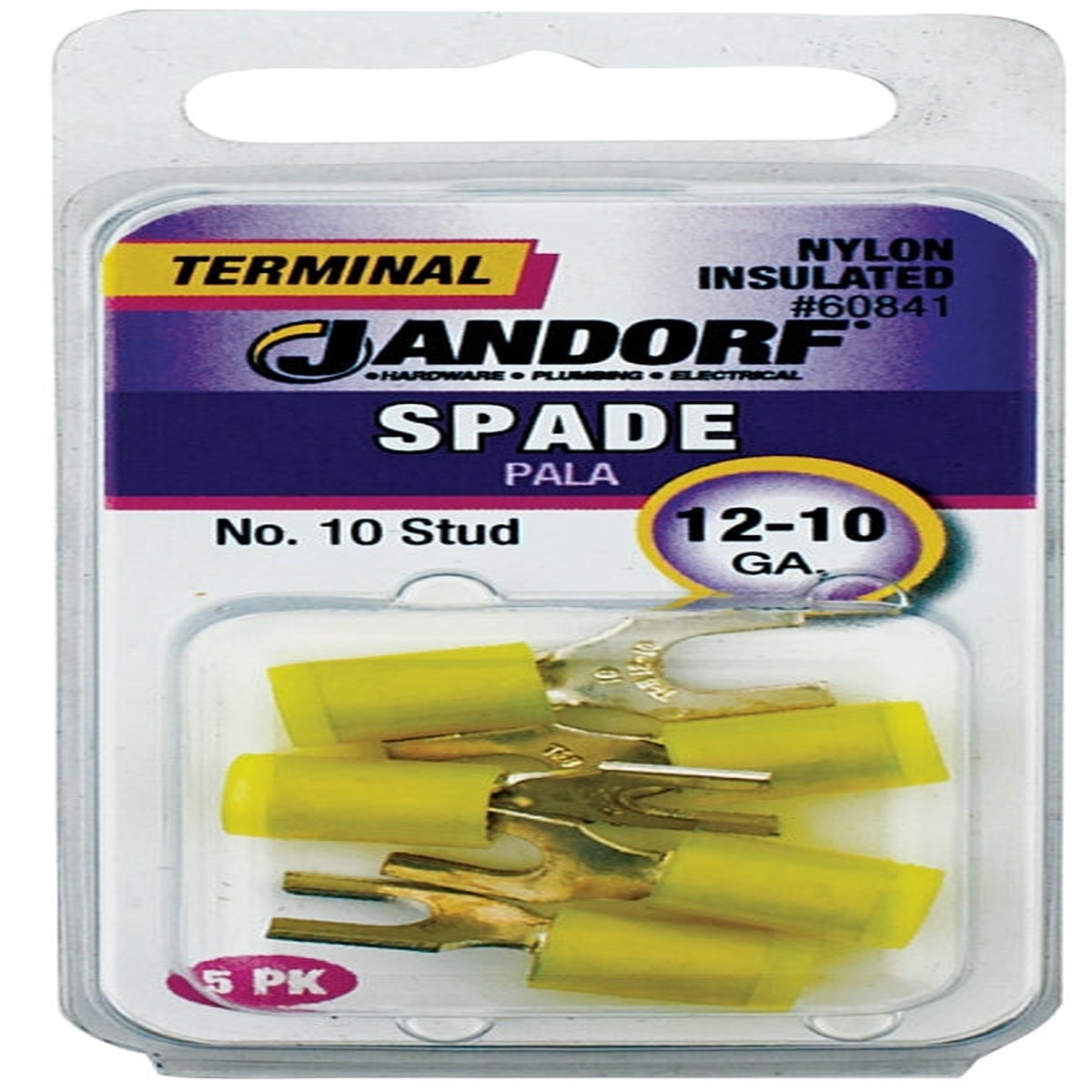 Jandorf 60841 Spade Terminal 600 V 12 to 10 AWG Wire 10 Stud Nylon Insulation Copper Contact Yellow