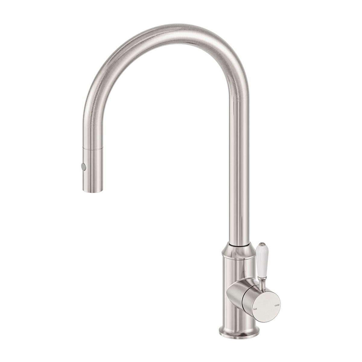 Nero York Pull Out Sink Mixer With Vegie Spray Function With White Porcelain Lever Brushed Nickel