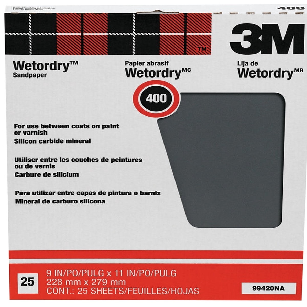 3M Wetordry 99420NA Sandpaper 11 in L 9 in W Fine 400 Grit Silicon Carbide Abrasive Paper Backing